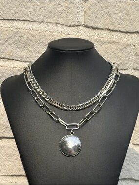 Silver Layered Chain Necklace with Round Pendant